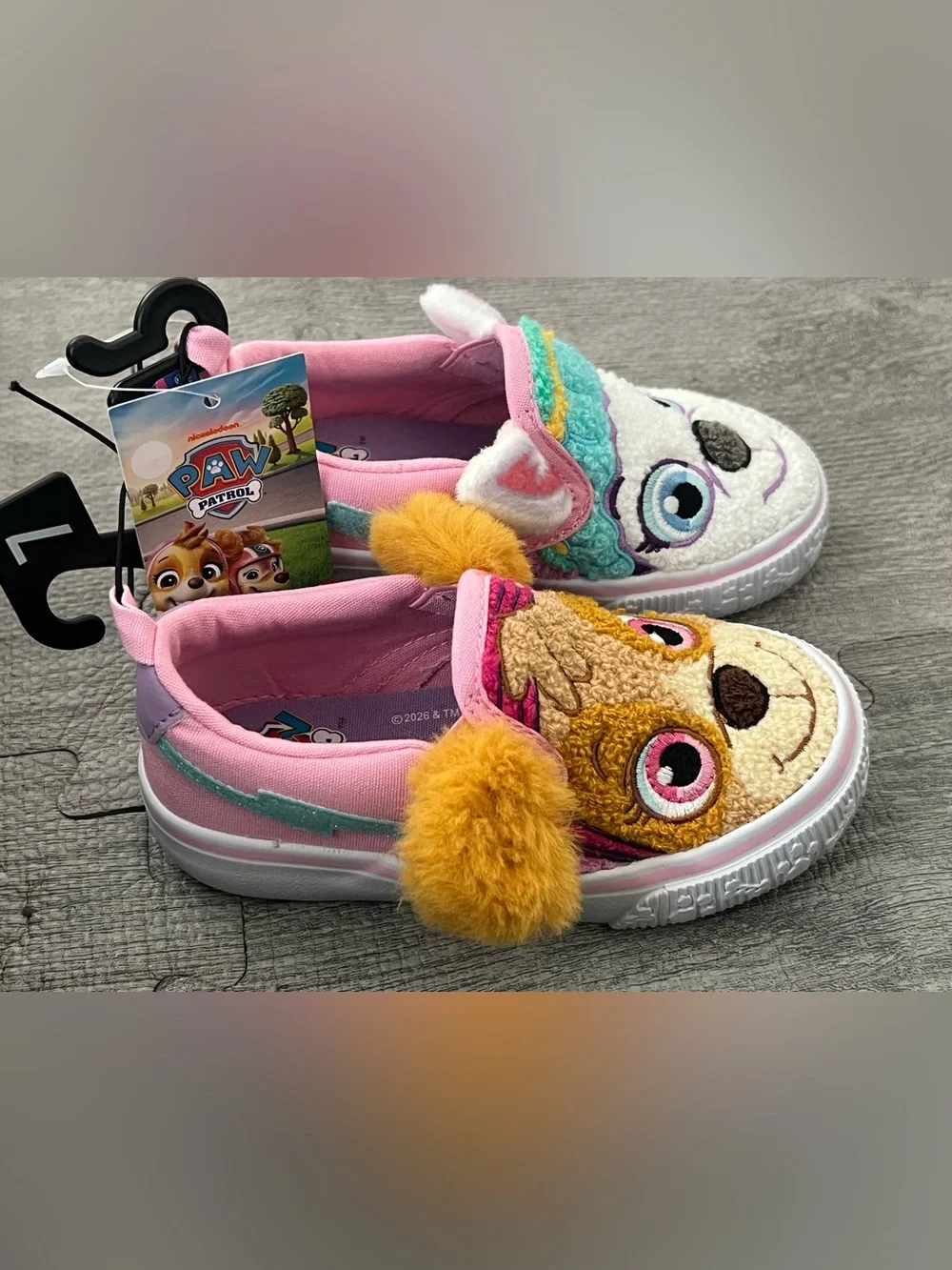 PAW Patrol Girls Pink Slip-On Flats Skye Everest Faux Fur Pom-Pom